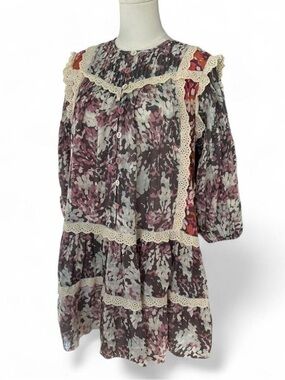 Let Me Be Anthropologie Prairie Floral Lace Trim Tiered Midi Dress Relaxed Small